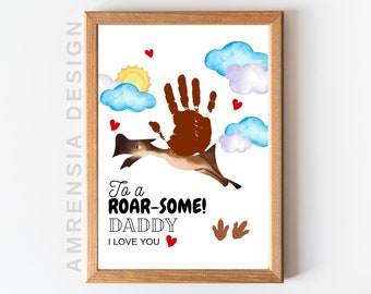 Father's Day Gift, To A Roarsome Daddy, Dinosaur Art Card for Dad, Gift from Daughter, Toddler Handprint Keepsake, DIY Kid Craft