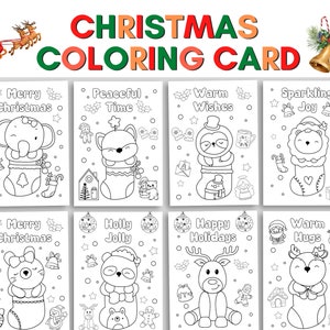 Cartões para colorir de animais de Natal para crianças, cartão de Natal colorido, atividade de escola dominical, lembrança artesanal de Natal para impressão