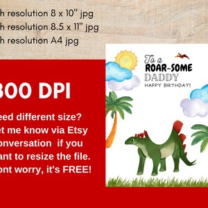 Puede incluir: Una tarjeta de cumplea&ntilde;os imprimible con un dinosaurio verde con una cresta roja y un sol amarillo en un cielo azul. La tarjeta dice "To a Roar-Some Daddy Happy Birthday!"