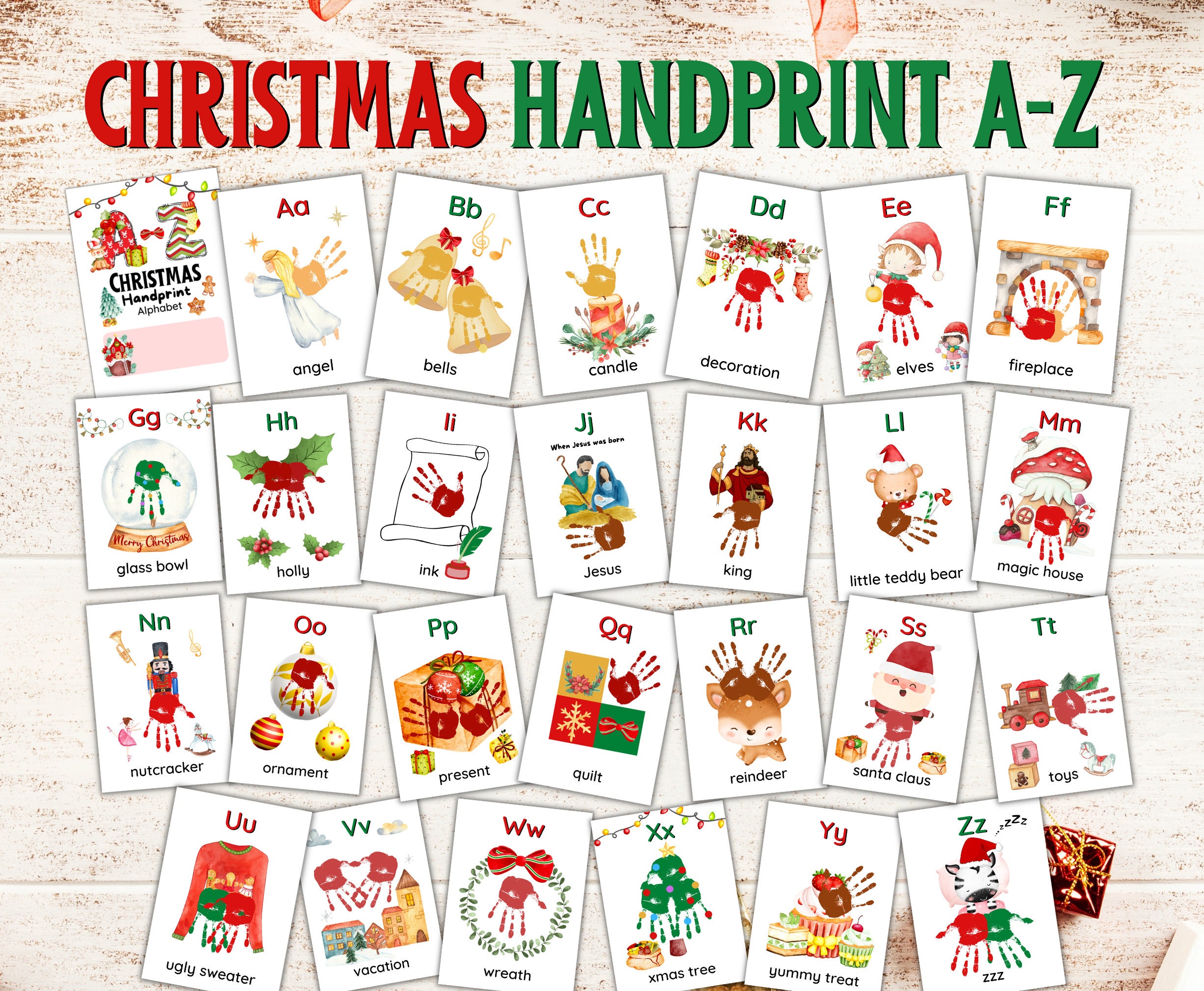 A to Z Christmas Handprint Alphabet, Learning Alphabet, Keepsake