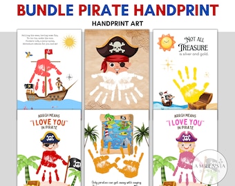 May include: A set of four printable pirate handprint art designs. Each design features a pirate handprint in a different colour and a pirate-themed illustration. The designs include a pirate ship, a treasure chest, a map, and a pirate holding a sword. The text "ARRGH MEANS "I LOVE YOU" IN PIRATE" is included on two of the designs.