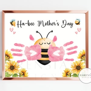 Dia das Mães Ha-bee, cartão de dia das mães feliz da abelha para crianças, arte de impressão manual de girassol, artesanato para bebês, presente para mãe, atividade DIY para crianças em idade pré-escolar