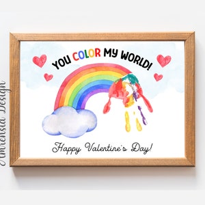 Valentine Handprint art, You colorie my world, Modèle imprimable pour PreK, Preschool Kindergarten Daycare, Valentine keepsake craft