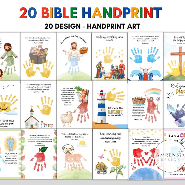 20 DESIGN BIBLE Handprint Book, Christian Handprint Art, Baby Toddler Child, sunday school Nursery Activity, Handprint Keepsake Printable