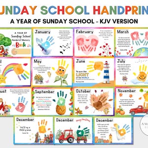 May include: A year of Sunday School handprint memory book with a colorful design for each month. Each page features a handprint, a Bible verse, and a relevant illustration. The book includes months from January to December.
