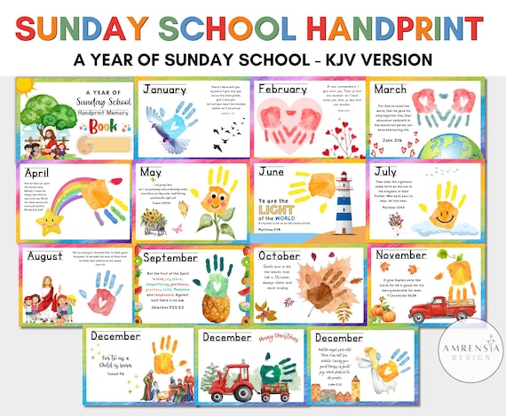 25 DESIGN Sunday school Handprint art KJV version A Year of sunday school memory book, Bible kids art acitivity keepsake craft