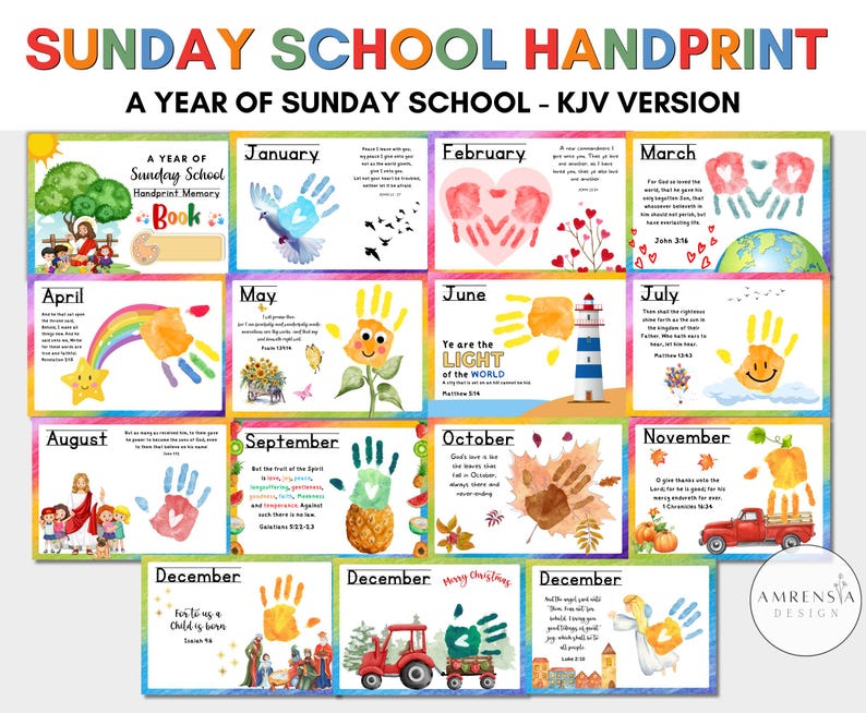 25 DESIGN Sunday school Handprint art KJV version A Year of sunday school memory book, Bible kids art acitivity keepsake craft