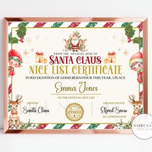 Certificado personalizable de lista de buenos amigos de Papá Noel para niños / Plantilla editable de Canva / Descarga instantánea de Navidad / Recuerdo navideño personalizado