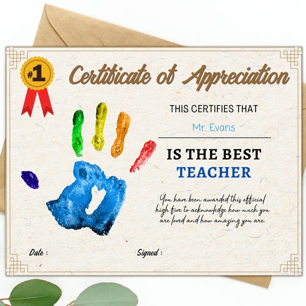 Teacher Appreciation Printable, Certificate of Appreciation, High Five, Year End Teacher Gift, Handprint Art, Teacher Gift Idea