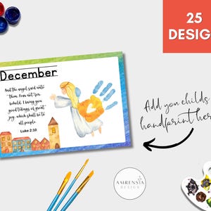 May include: A printable December calendar featuring a watercolour illustration of an angel with a handprint, a verse from Luke 2:10, and a cityscape. The text "Add your child's handprint here" is included.