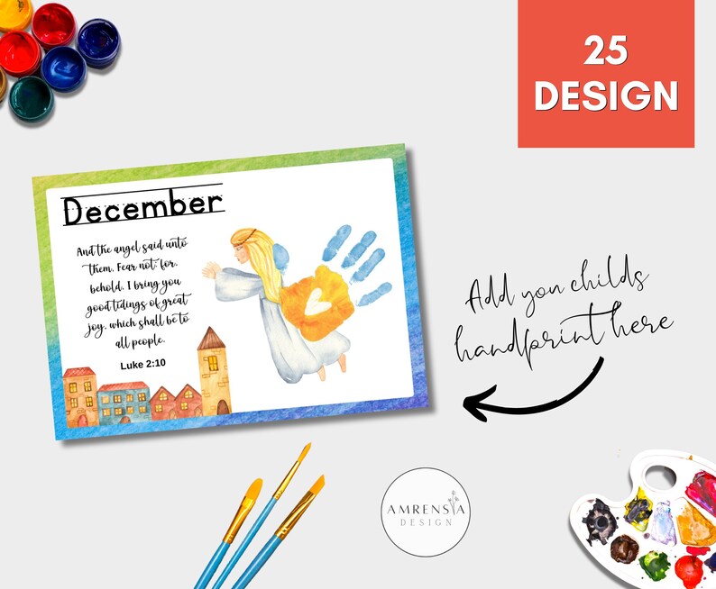 May include: A printable December calendar featuring a watercolour illustration of an angel with a handprint, a verse from Luke 2:10, and a cityscape. The text "Add your child's handprint here" is included.