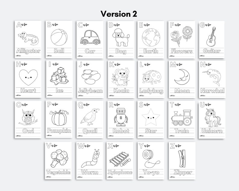 May include: Black and white alphabet flash cards with illustrations of various objects for each letter. The cards are labeled with the letter and the word for the object, such as "A is for Alligator".