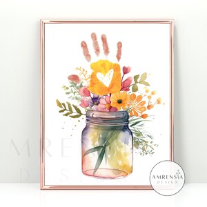 Flor handprint mão arte artesanato dia das mães mãe mãe avó auny presente diy crianças bebê criança cartão de lembrança floral download digital