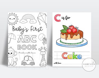 52 PAGES ABC Baby shower coloring book, Baby's First ABC Book, Black white theme Alphabet book, Baby shower game or activity, printable