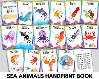 15 Design SEA ANIMALS Handprint Book,  Printable Handprint Art, Toddler Child Activity, Crustaceancore Handprint Keepsake Printable