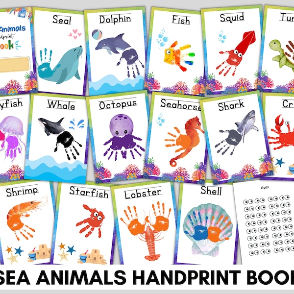 15 Design SEA ANIMALS Handprint Book,  Printable Handprint Art, Toddler Child Activity, Crustaceancore Handprint Keepsake Printable