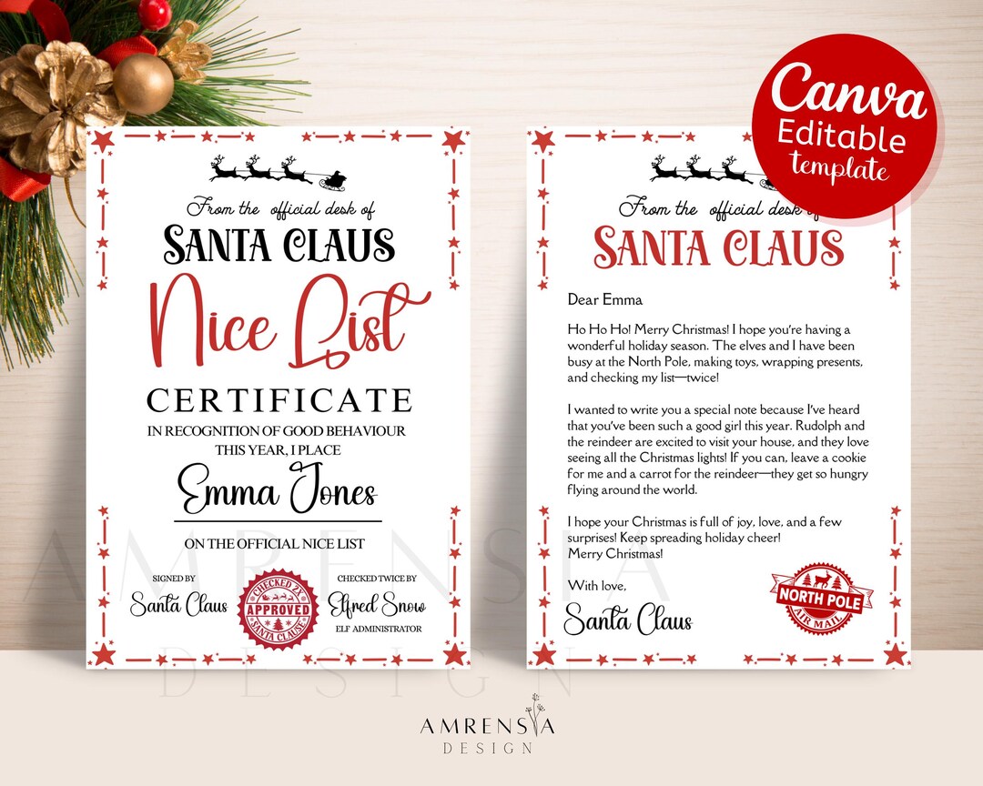 Editable Letter From Santa Red Stars Themed Nice List Certificate Canva ...