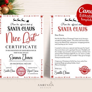 Carta editable de Papá Noel con temática de estrellas rojas, certificado de lista de buenos deseos, plantilla navideña de Canva, carta y certificado personalizados para imprimir