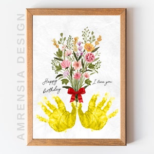 Presente de aniversário, arte de impressão manual de flores, artesanato de lembrança, buquê de flores, cartão de aniversário, artesanato para crianças em idade pré-escolar