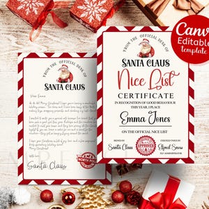 May include: A printable Santa Claus Nice List Certificate with red and white stripes. The certificate reads "Santa Claus Nice List Certificate" and "In recognition of good behaviour this year, I place [Name] on the official nice list." The certificate is signed by Santa Claus and checked twice by Alfred Sness, Elf Administrator.