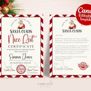 Plantilla editable de Canva de carta de Papá Noel, certificado de lista de buenos deseos de Navidad, regalo para niños, regalo de Navidad, descarga digital de Feliz Navidad