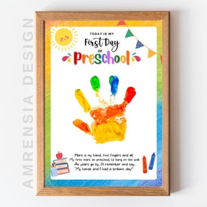 First Day of Preschool Handprint Art, First Day of School, Handprint  Preschool Craft, Back to School, Memory keepsake