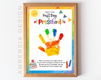 First Day of Preschool Handprint Art, First Day of School, Handprint  Preschool Craft, Back to School, Memory keepsake