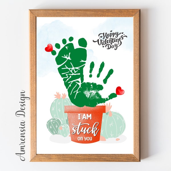 Valentine Handprint art, Cactus I am stuck on you, Printable template for PreK, Preschool Kindergarten Daycare, Valentine keepsake craft