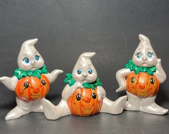 Cute Unique Pumpkin Bellied Ghosts Set of Three Hand Made and Painted Ceramic Halloween Figurines