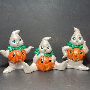 Cute Unique Pumpkin Bellied Ghosts Set of Three Hand Made and Painted Ceramic Halloween Figurines