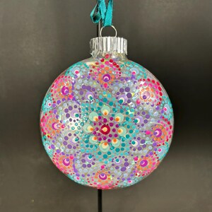 Hand Painted Mandala Glass Ornament, Pink Turquoise Purple, Large Flat Round