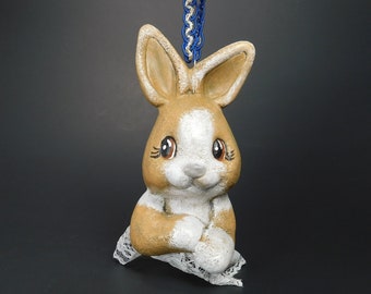 Two Very Cute Bunny Hand Made and Painted Ceramic Ornaments