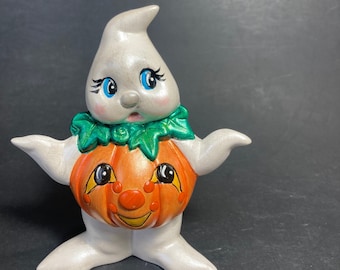 Cute and Unique Pumpkin Bellied Ghost Standing Hand Made and Painted Ceramic Halloween Figurines