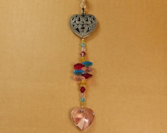 Antiqued Silver Marcasite Heart With a Drop Using Crystal Octagons, Swarovski Crystal Beads with Crystal Heart Window Suncatcher Ornament