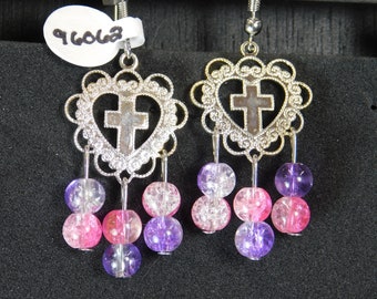 Silver Celtic Cross With Hot Pink and Pink Crackled Glass Bead Drops with Surgical Steel Fish Hook Earrings
