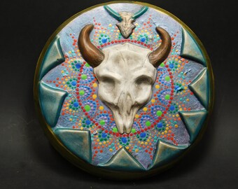 Southwestern Designed Bison Skull Medallion with Mandala Hand Made and Painted Ceramic Plaque