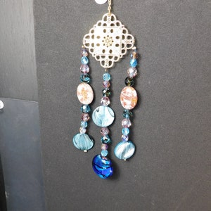 Gold Diamond Scalloped Filigree Pendent with Three Drops Using Blue Shells, Glass Beads,  Blue Focal Beads Window Suncatcher Ornament