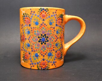 16 oz. Hand Painted Ceramic Mug Orange Speckled Base Coat with Two Mandalas Using Blues, Purples, Reds, and Greens Underglazes and Glazed