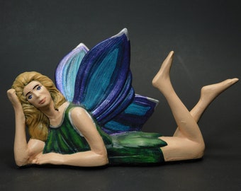 Pixie Fairy Laying Down Hand Made and Painted Ceramic Figurine