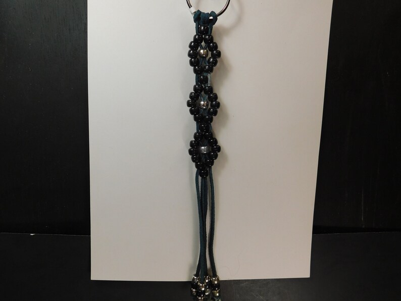4 Strand Hunter Green Suede Laced with Black and Silver Pony Beads Woven Hand Made Keychain