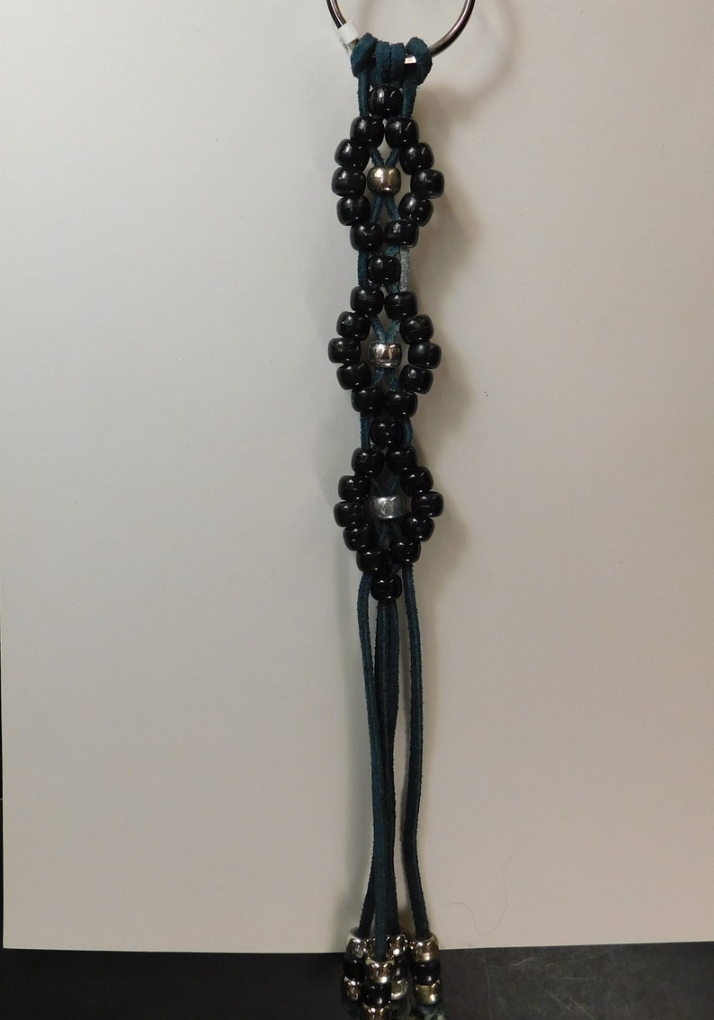 4 Strand Hunter Green Suede Laced with Black and Silver Pony Beads Woven Hand Made Keychain