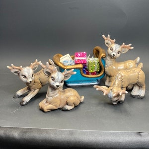 Very Cute and Adorable Small Reindeer With Sleigh Hand Made and Painted Ceramic Christmas Figurines