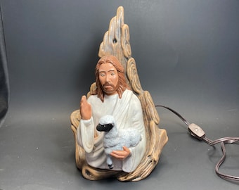 Jesus Holding Lamb with Wood Illuminator with Light Hand Made and Painted Ceramic Figurine