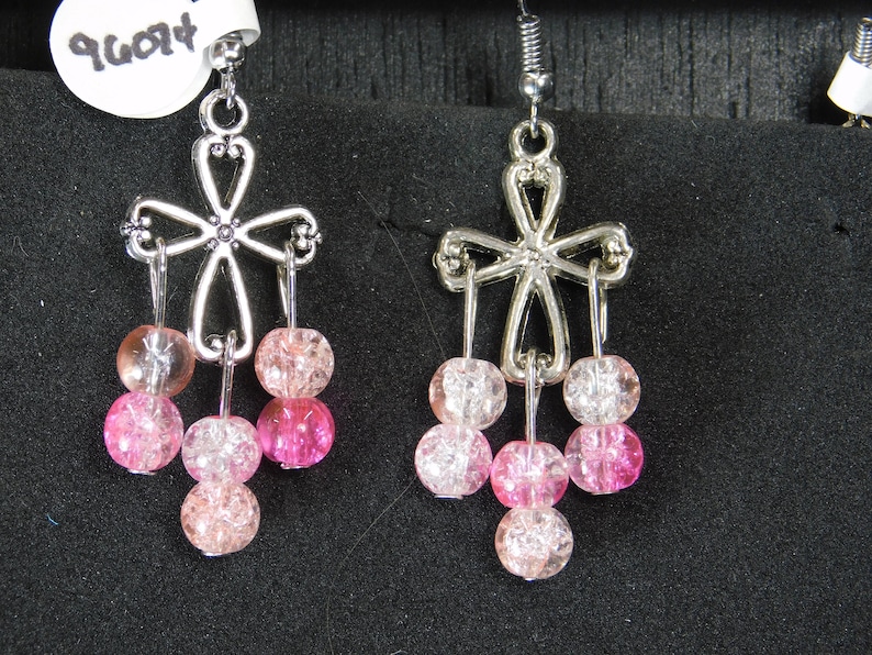 Silver Celtic Cross With Hot Pink and Pink Crackled Glass Bead Drops with Surgical Steel Fish Hook Earrings