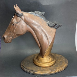 Large Beautiful Bay Thoroughbred Horse Head on a Wooden Oval Base Hand Made and Painted Ceramic Figurine