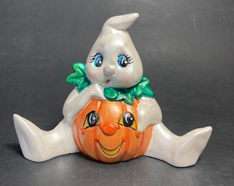 Cute and Unique Pumpkin Bellied Ghost Hand Made and Painted Ceramic Halloween Figurines