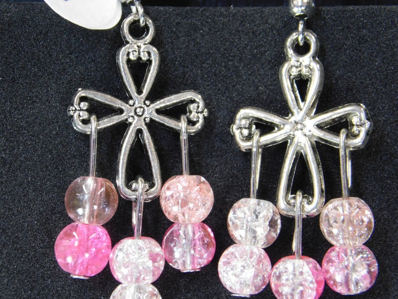 Silver Celtic Cross With Hot Pink and Pink Crackled Glass Bead Drops with Surgical Steel Fish Hook Earrings