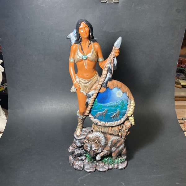 Very Tall and Beautiful Native American Maiden with Wolf and Wolves Shield Totem Ceramic Statue Figurine