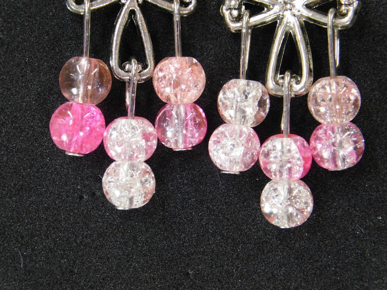 Silver Celtic Cross With Hot Pink and Pink Crackled Glass Bead Drops with Surgical Steel Fish Hook Earrings
