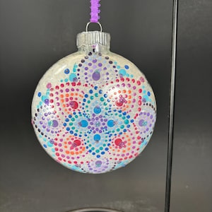 Hand Painted Mandala Glass Ornament, Purple Blue Pink Glitter, 4.5 inch